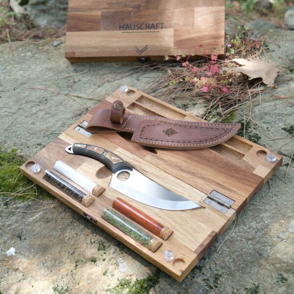 Ahşap Kamp Kutusu, Kampçı Hediye Seti, Outdoor Saklama Kutusu, Verzalit Kabza Viking Model Kamp Bıçağı