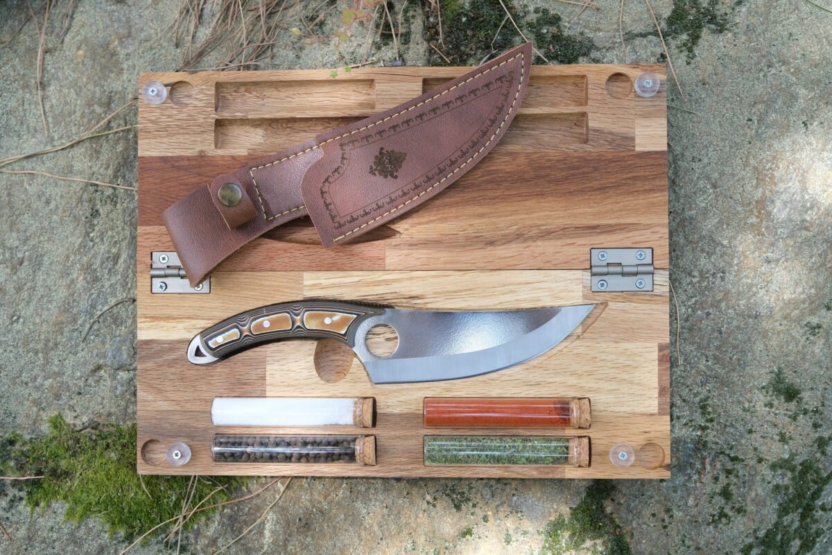 Ahşap Kamp Kutusu, Kampçı Hediye Seti, Outdoor Saklama Kutusu, Verzalit Kabza Viking Model Kamp Bıçağı - Görsel 5